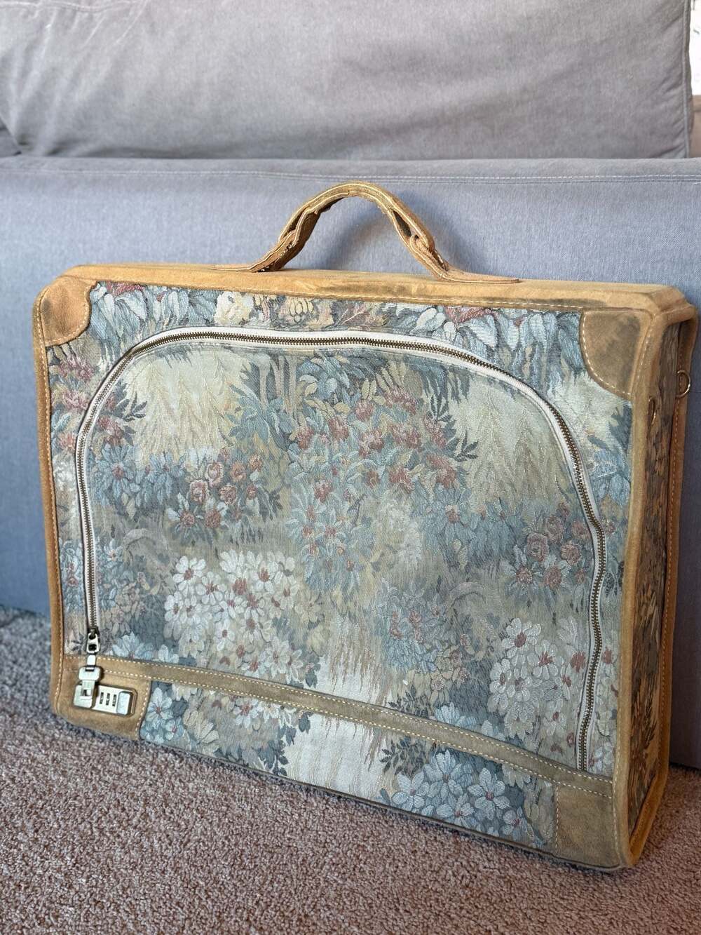Vintage French Luggage Co. Floral Tapestry Carry-On Suitcase with Suede Trim